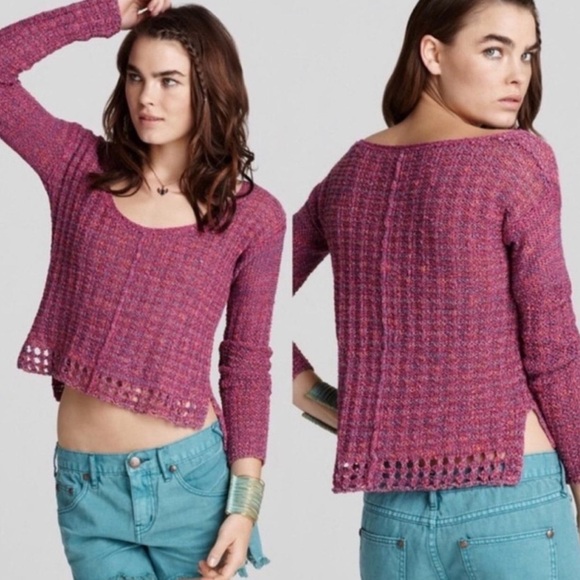 Free People Crochet Open Knit Long Sleeve Cropped Boho Beach Sweater Sz S - Picture 1 of 7